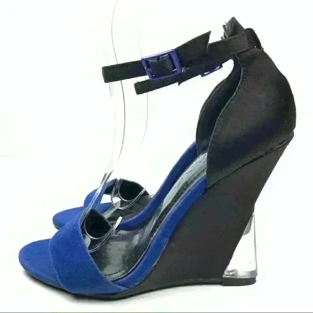 Liliana womens heels size 5.5 black blue satin wedges Dorsay formal black tie